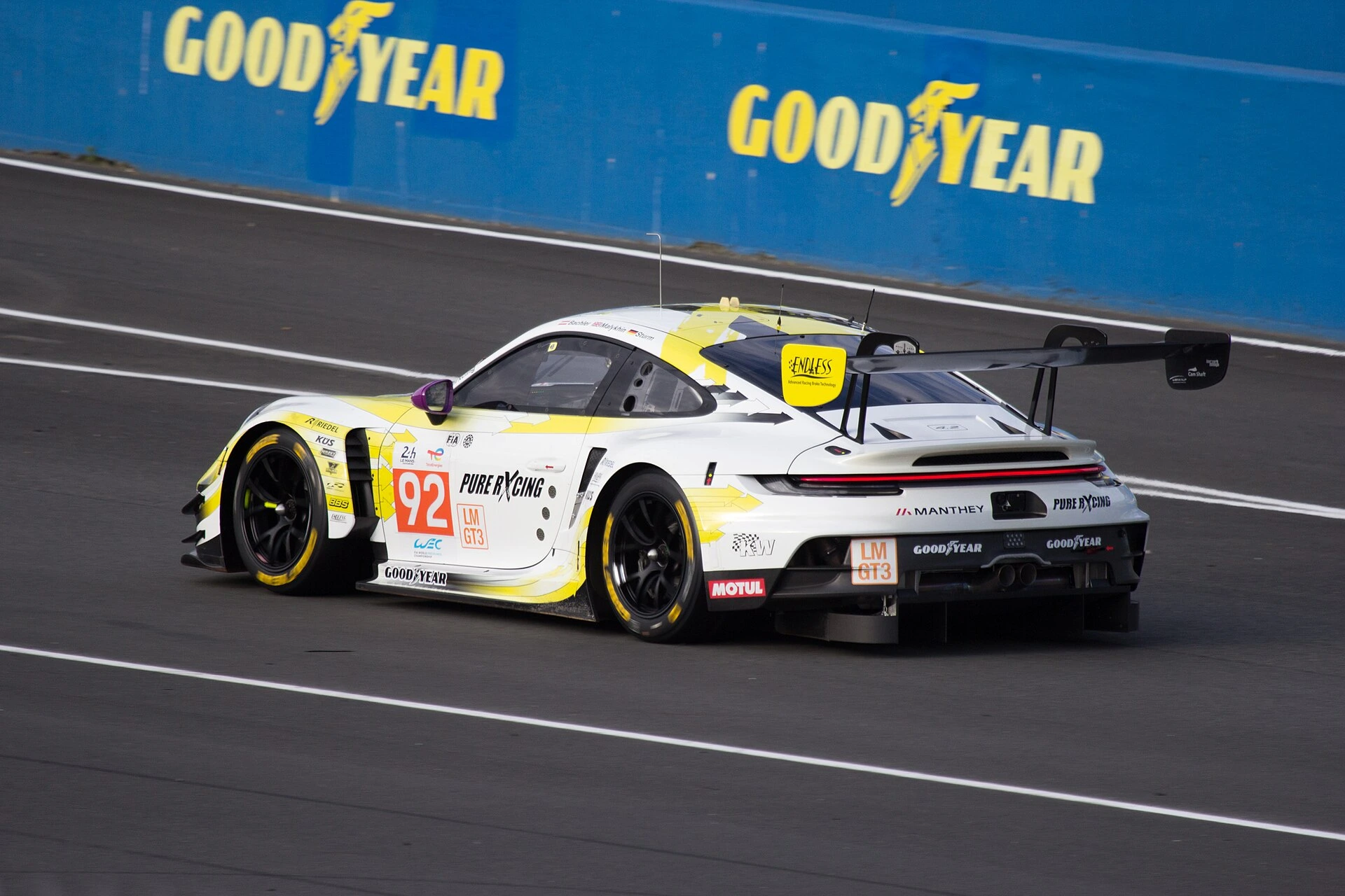 A Manthey PureRxcing Porsche 911 GT3 R competing in the LMGT3 category at Le Mans