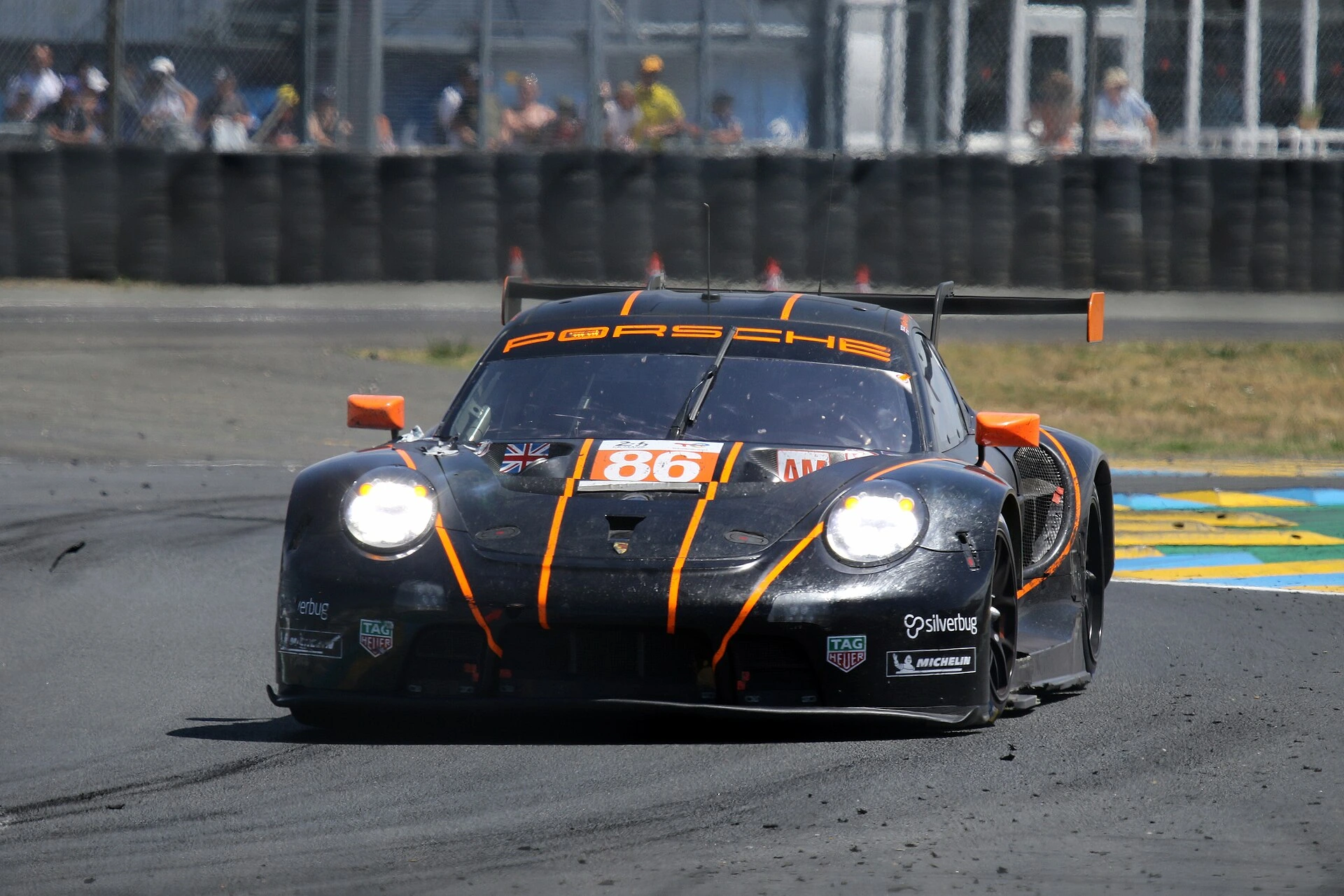 A Porsche 911 RSR-19 GTE car at the Ford Chicane during the 24 Hours of Le Mans